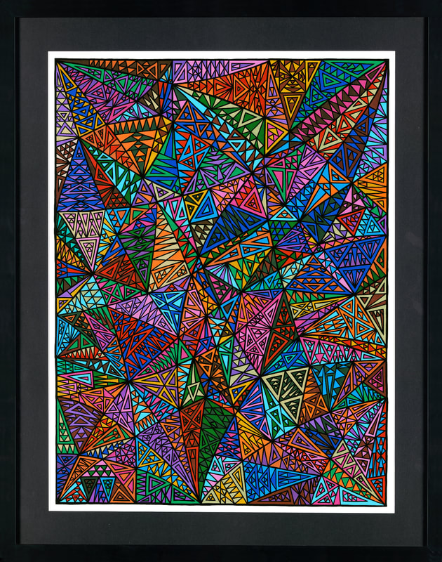 Peinture abstraite géométrique ayant pour titre ‘Disco inferno’ réalisée par l’artiste Gregory Dubus